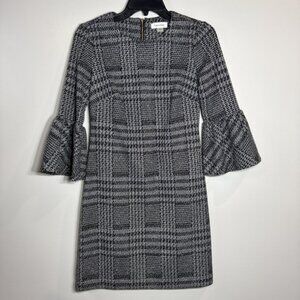 CALVIN KLEIN Gray 3/4 Bell Sleeve Houndstooth Dress Knee Length Women Size 2